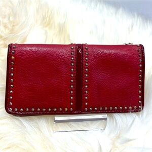 Brighton Long Wallet Red Studded Leather Patent Leather Center Trim Bifold